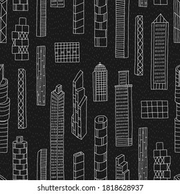 Seamless pattern of city. Black background. Creative vector background for fabric, textile, nursery wallpaper.