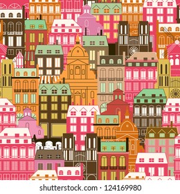 Seamless pattern with city buildings. Generic Historic architecture. Travel background.