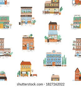 Seamless pattern with city commercial buildings in european style. Repeatable backdrop with shops, bakery and cafe. Flat vector illustration of decorated brick house facades with plants, awnings