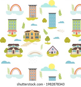 Seamless pattern with city and country houses, trees, rainbows, bridge and clouds. Vector illustration of the flat style.