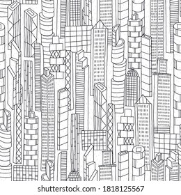 Seamless pattern of city. Creative vector background for fabric, textile, nursery wallpaper. Hand painted city.