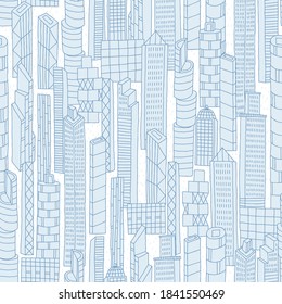 Seamless pattern of city. Creative vector background for fabric, textile, nursery wallpaper. Hand painted city. Blue background.
