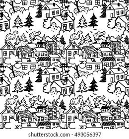 Seamless pattern of the city. Cute children drawing freehand drawing. Houses, trees, bushes, birds. Detailed drawing.