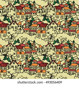 Seamless pattern of the city. Cute children drawing freehand drawing. Houses, trees, bushes, birds. Detailed drawing.