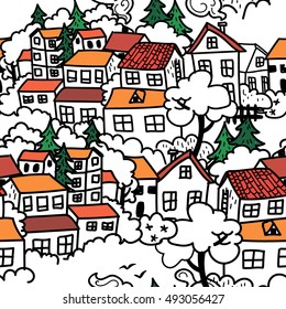 Seamless pattern of the city. Cute children drawing freehand drawing. Houses, trees, bushes, birds. Detailed drawing.
