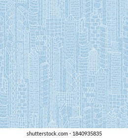 Seamless pattern of city. Cute vector background for fabric, textile, nursery wallpaper. Hand painted city. Blue background.