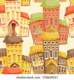 Seamless pattern with city houses facades. Cartoon vector illustration.