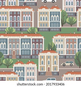 seamless pattern of city houses and streets. the urban landscape will fill the space and make the background. stock vector illustration. EPS 10.