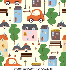 seamless pattern with city houses and transport - vector illustration, eps