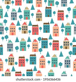 Seamless pattern from city houses and trees. Vector illustration on white background. 