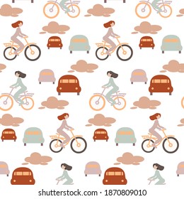 
Seamless pattern.
City landscape. People rush to work. Transport, taxi, auto, bike.