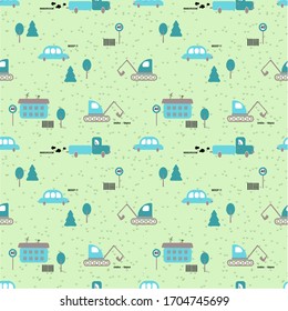  Seamless pattern: city map with houses, cars and trees on a green background. 