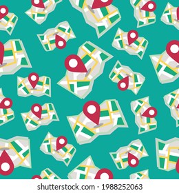 Seamless pattern with city map and location marker. Vector pattern, illustration, background texture.