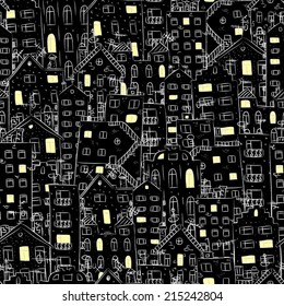 Seamless pattern of city at night with lights.