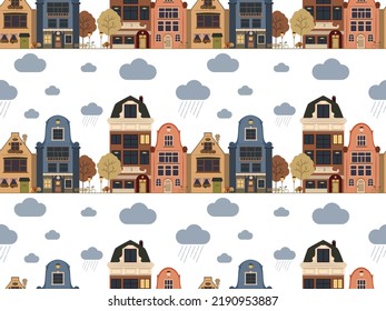 Seamless pattern with city in rainy weather. Picturesque Amsterdam in autumn on white background. Cute illustration of rainy city day in vector format. 
