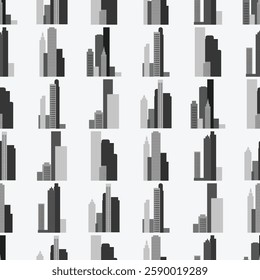 A seamless pattern of a city skyline in black and white