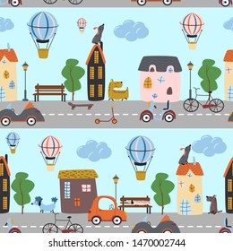 seamless pattern with city streets dogs and transport - vector illustration, eps