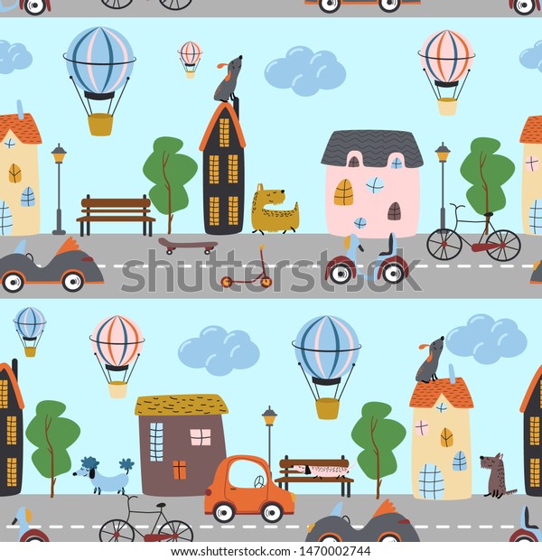seamless pattern with city streets dogs and transport\
- vector illustration,\
eps