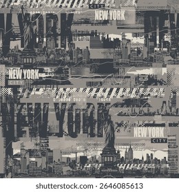 Seamless pattern with city theme with Statue of Liberty in New York with city architecture and newspaper clippings in grunge style. Wallpaper, fabric, textile, wrapping paper, t-shirt design, tile
