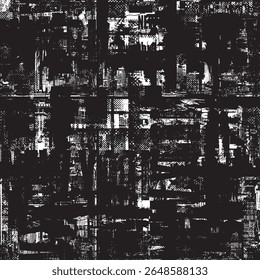 Seamless pattern with city theme with Statue of Liberty in New York with city architecture and newspaper clippings in grunge style. Wallpaper, fabric, textile, wrapping paper, t-shirt design, tile