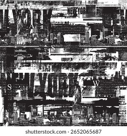 Seamless pattern with city theme with Statue of Liberty in New York with city architecture and newspaper clippings in grunge style. Wallpaper, fabric, textile, wrapping paper, t-shirt design, tile