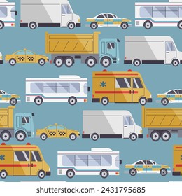 Seamless pattern with city transport, lorries, ambulance, delivery, taxi, buses. Hand drawn vector illustration in flat design