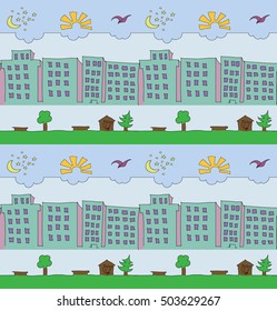Seamless pattern of the city view with clouds sky, buildings and trees. Card, sketchbook,  book cover design, wallpaper, textile, packaging texture concept.