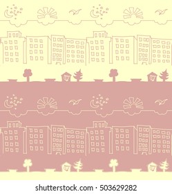 Seamless pattern of the city view with clouds sky, buildings and trees. Card, sketchbook,  book cover design, wallpaper, textile, packaging texture concept.