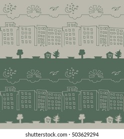 Seamless pattern of the city view with clouds sky, buildings and trees. Card, sketchbook,  book cover design, wallpaper, textile, packaging texture concept.