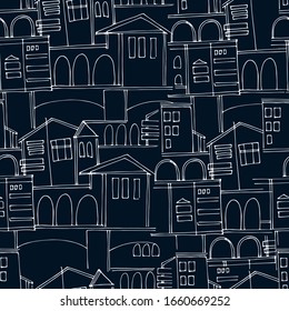 Seamless pattern, cityscape with historical buildings and archways on black background, reverse design