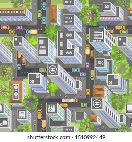 Seamless pattern cityscape. Isometric top view. The city with streets, houses, roads, cars. (view from above) 