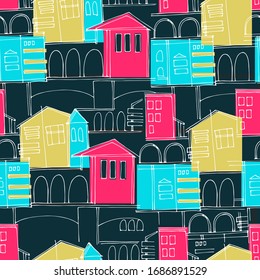 Seamless pattern. Cityscape with multicolored and outlined historical buildings and archways