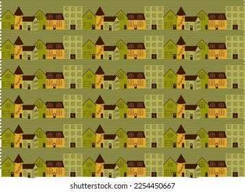 Seamless pattern with cityscape of yellow and green colored houses on a pavement street vector