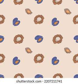 Seamless pattern with clams. Flat hand drawn vector illustration. For printing on menus, fish restaurants, packaging.