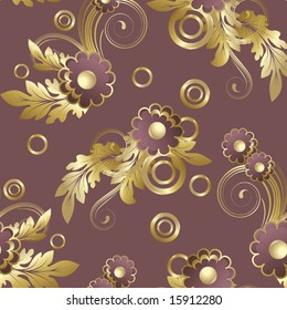 Seamless pattern with claret abstract flowers and gold leaves.(can be repeated and scaled in any size)
