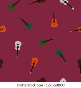 Seamless pattern classic acoustic colorful guitar on purple background. Musical instruments drawn simple print, musician motif for wallpaper, vector repeat design eps 10