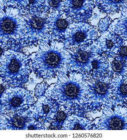 Seamless pattern with classic blue chrysanthemum flowers