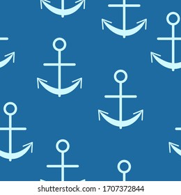 Patrón transparente con anclas gráficas azules clásicas sobre fondo blanco. Diseño sencillo y plano. Mar y océano. Equipamiento marítimo. Barco y barco. Para postales, rayado, papel textil y papel de envoltura