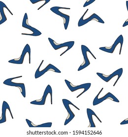 Seamless pattern with classic blue shoes on white background. Perfect for textile fabric print, wrapping, wallpapers, etc. Hand drawn vector illustration.