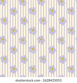 Seamless pattern with classic blue stripes and abstract flowers. Vector modern wallpaper with irregular floral motifs, background, for textile, print, fabric, wall covering or dresses.