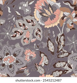 Seamless pattern with classic botanical motifs in warm tones, ideal for fabrics and wallpaper. Vector illustration with elegant, timeless design.