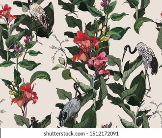Seamless Pattern Classic European Design with Garden Flowers and Heron Exotic Birds Hand Drawn Realistic Art with Blooming Field of Floral Bouquets with Hibiscus Tropical Exotic Flowers 