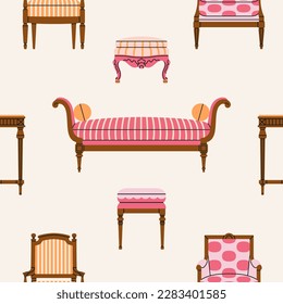 Seamless pattern with classic furniture: table, sofa, armchair etc. Palace or museum interiors concept. Hand drawn vector illustration in trendy colors. For prints, fabric, wrapping paper design etc.