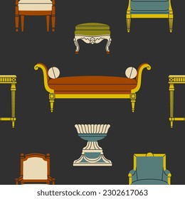 Seamless pattern with classic furniture: table, sofa, armchair etc. Palace or museum interiors concept. Hand drawn vector illustration in trendy colors. For prints, fabric, wrapping paper design etc.