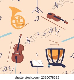 Seamless Pattern with Classic Instruments, Perfect For Music Lovers. Intricate Designs Of Violin, Cello, French Horn