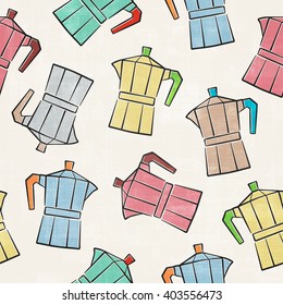 seamless pattern with classic Italian style coffee maker over grunge background. vector coffee shop hand drawn wallpaper. colorful moka pot symbols and paper texture. 