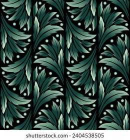 Seamless pattern in classic modern style. Delicate green colours on black background. Vintage leaves design. For printing wallpaper, papers, textile.