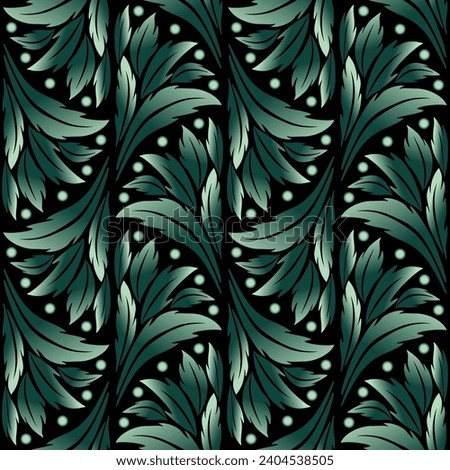 Seamless pattern in classic modern style. Delicate green colours on black background. Vintage leaves design. For printing wallpaper, papers, textile.