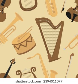 Seamless pattern with classic musical instruments. Background with harp, lyre, drum, saxophone