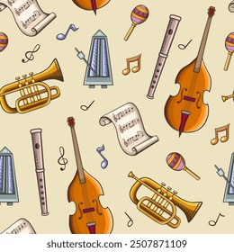 Seamless pattern with classic musical instruments and notes, cello, trumpet and flute. Hand drawn vector musical background